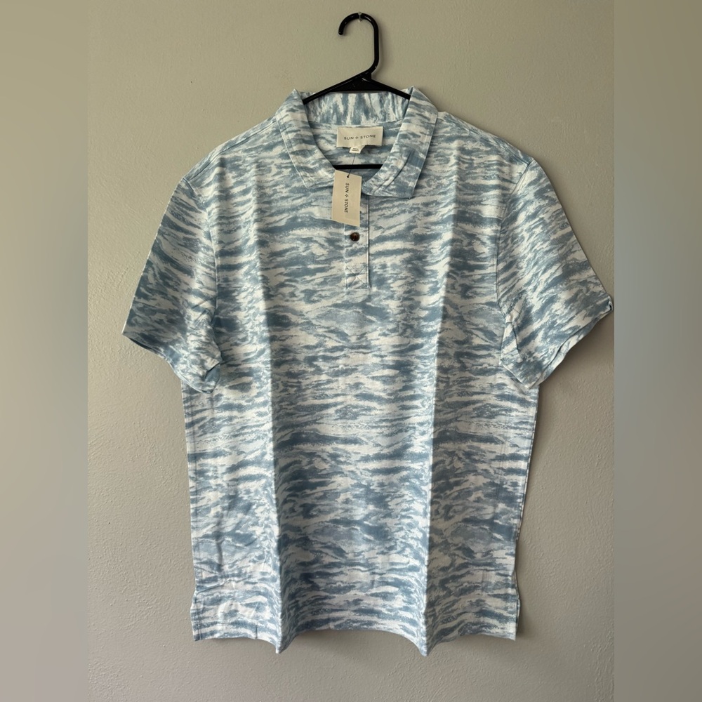 Sun + Stone Light Blue & White Wave-Pattern Polo